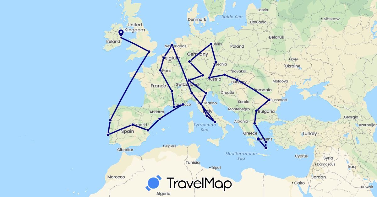 TravelMap itinerary: driving in Austria, Bulgaria, Switzerland, Czech Republic, Germany, Spain, France, United Kingdom, Greece, Hungary, Ireland, Italy, Netherlands, Portugal, Romania (Europe)